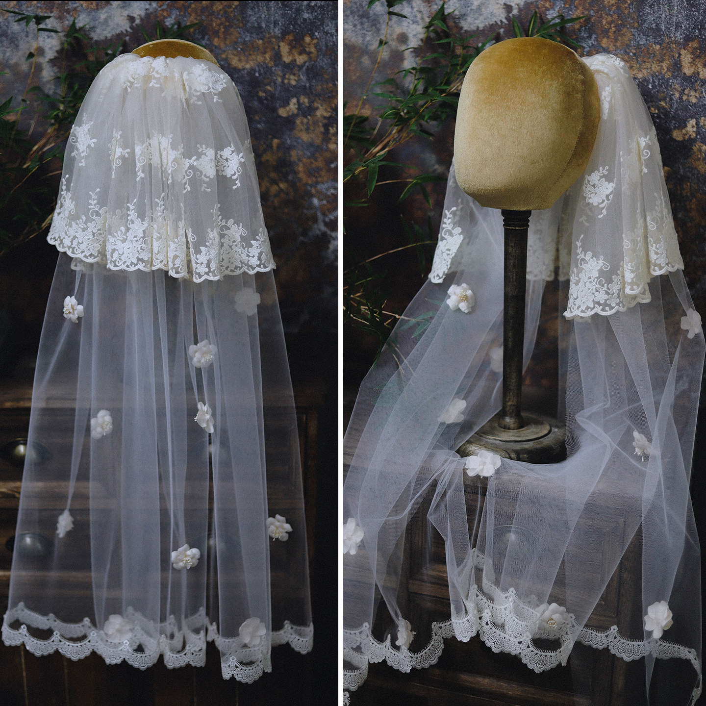 喜看手作双层蕾丝花瓣头纱新娘结婚复古法式婚纱礼服写真盘发配饰