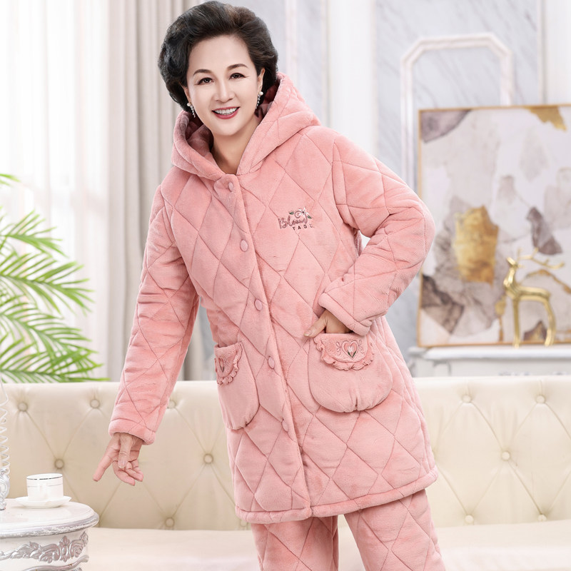 加长款连帽睡衣女秋冬季珊瑚绒三层夹棉加厚中老年加绒保暖家居服