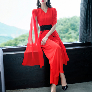 连体衣女装修身红色V领雪纺连体裤夏季海边度假连体阔腿裤长款裤