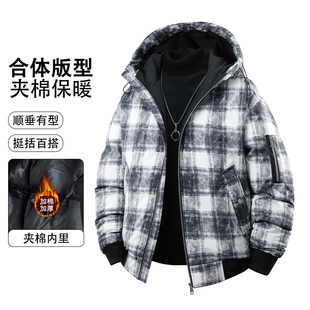 面包服冬季 格子控价加棉保暖加厚连帽 男外套棉衣棉袄子复古美式