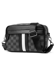 Men's Crossbody Bag, Casual Large-Capacity Shoulder Bag, Japanese and Korean Leather Student Small Shoulder Bag, Plaid Men's Small Backpack