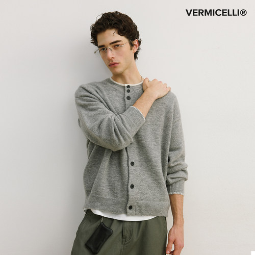 VMCL羊毛马海毛手缝线撞色领开衫毛衣针织衫男女秋26AW vermicell
