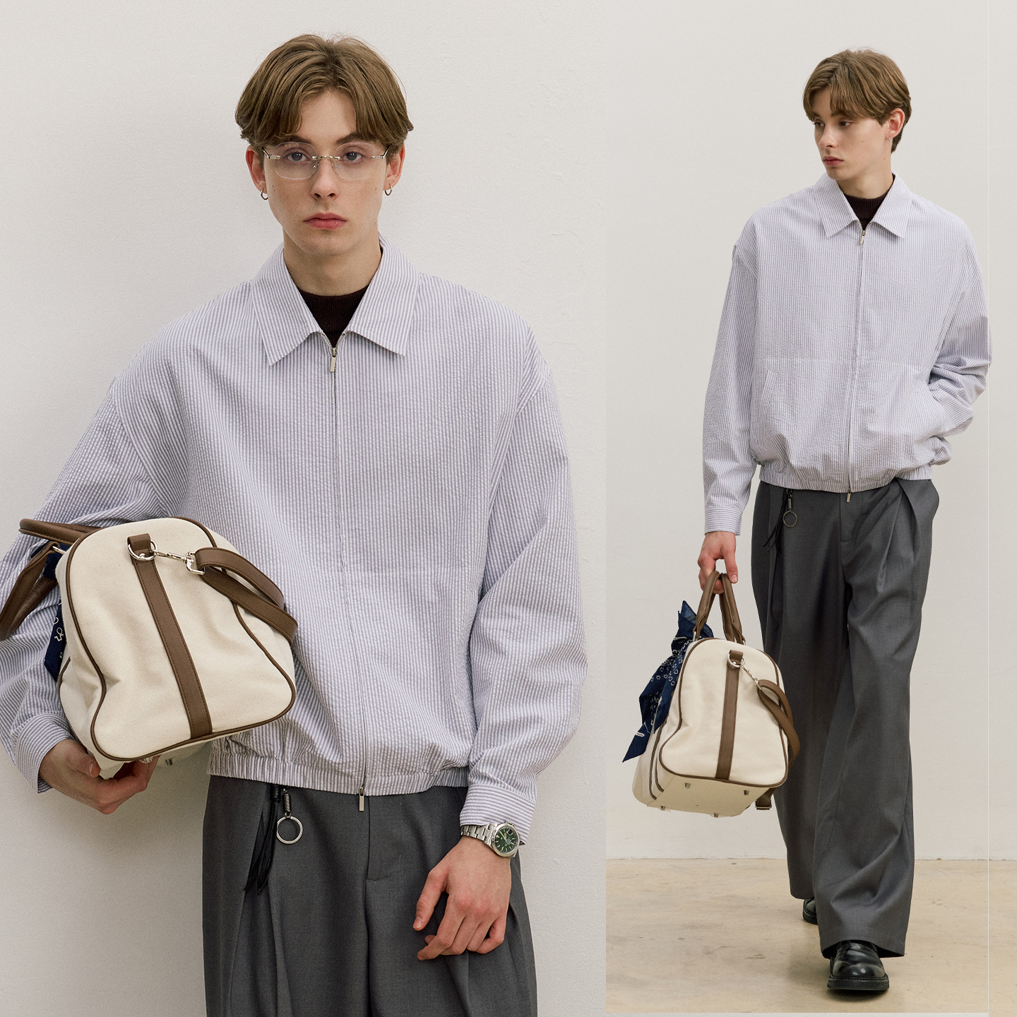 VMCL简约cleanfit短款蓝白条纹拉链翻领夹克秋男25AW vermicelli