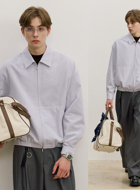 VMCL简约cleanfit短款蓝白条纹拉链翻领夹克秋男25AW vermicelli