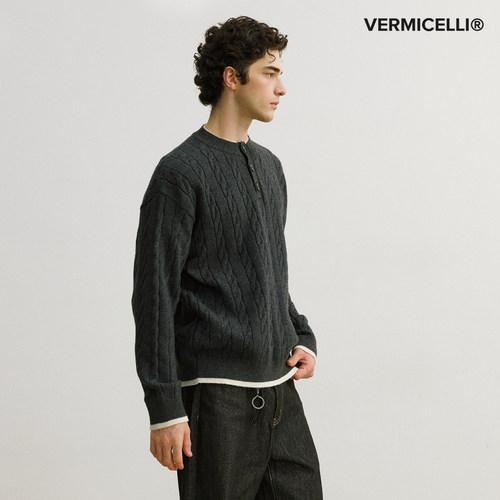 VMCL复古麻花编织假两件亨利领羊毛毛衣男质感通勤26AW vermicell