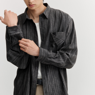 VMCL质感暗条纹黑色口袋宽松休闲衬衫 vermicell 通勤百搭男女26SS