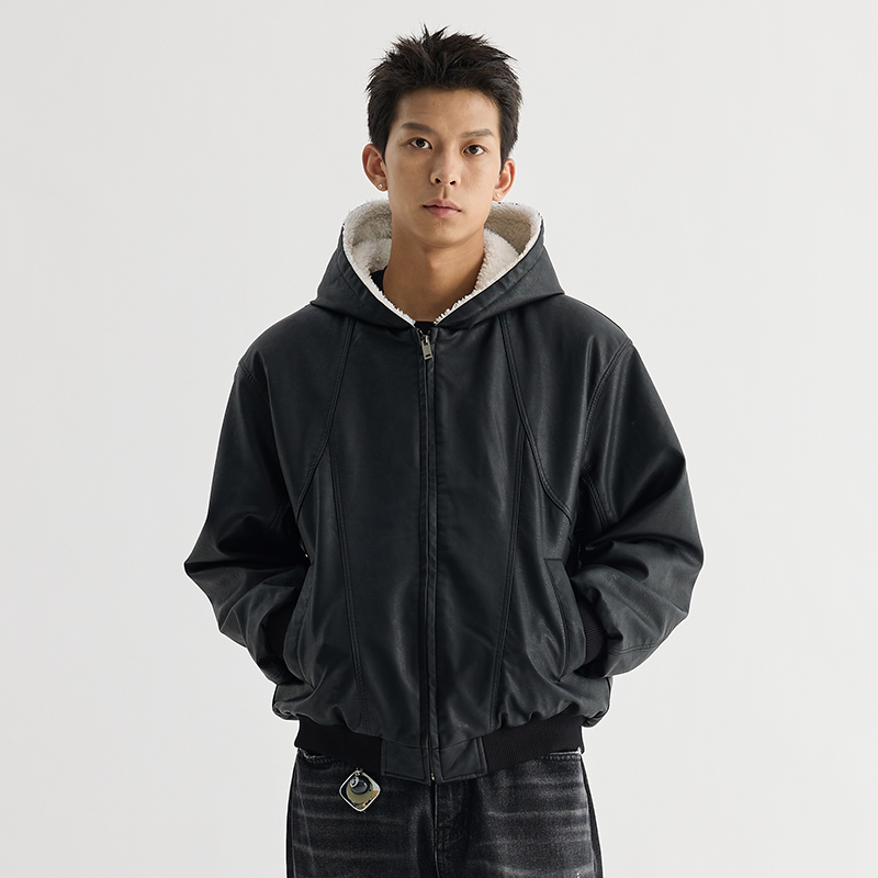 VMCL美式羊羔绒弧形连帽PU皮夹克