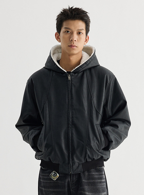 VMCL美式复古机车羊羔绒弧形宽松连帽PU皮衣夹克男24AW vermicell