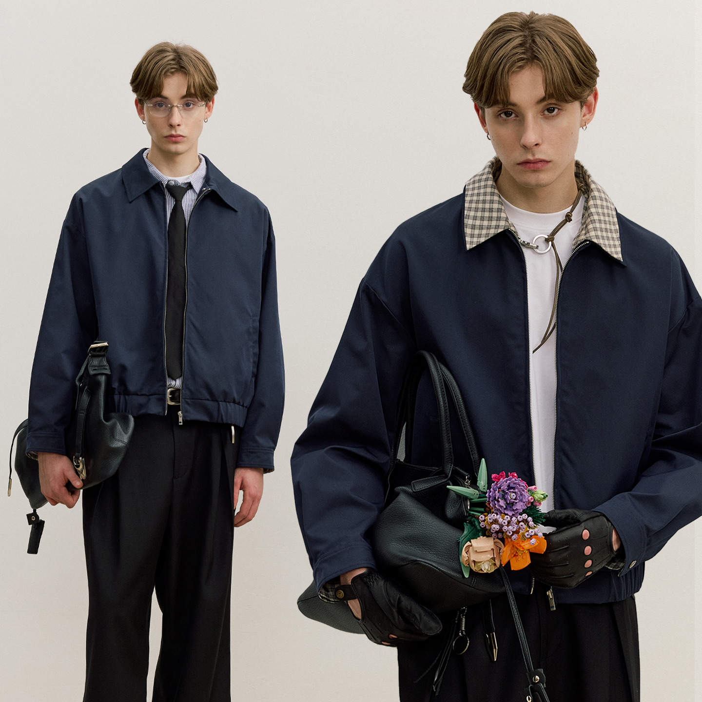 VMCL假两件可拆卸翻领卡其藏蓝复古哈灵顿夹克短款男女 vermicell