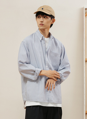 VMCL 浅蓝色免烫抗皱条纹宽松廓形长袖衬衫男女秋21AW vermicelli