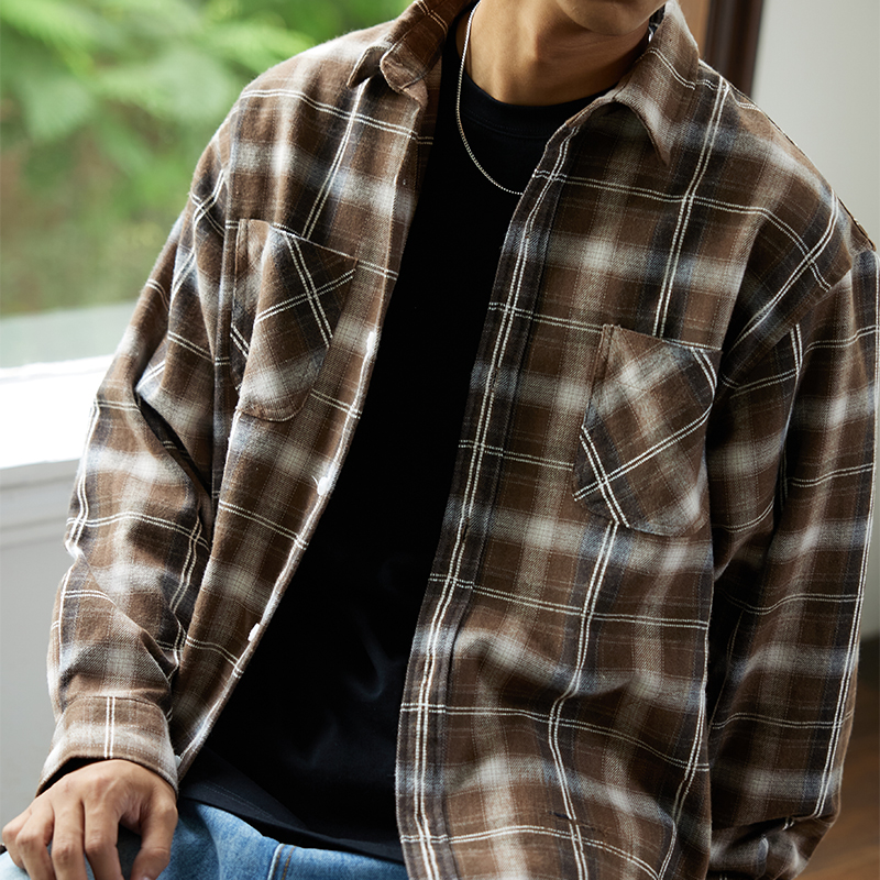 VMCL重磅格纹复古质感长袖衬衫