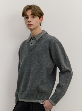 VMCL老钱风假两件深V领灰色厚款翻领毛衣针织衫男25AW vermicelli