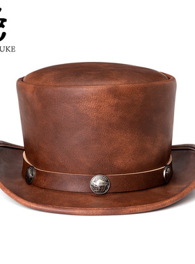 欧美朋克万圣节新款工业复古风PU皮圆顶中性魔术帽绅士派对礼帽