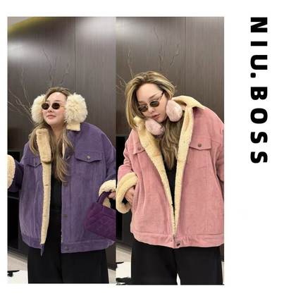 Three Ten.N大码270斤“森系文艺范”复古灯芯绒翻领羊羔绒外套