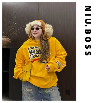 Three Ten.N大码270斤“美式赛车风”加绒运动休闲撞色字母黄卫衣