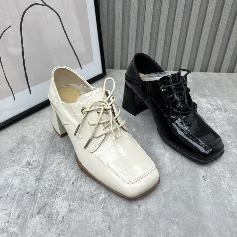 深口系带方头粗跟时尚OL女单鞋