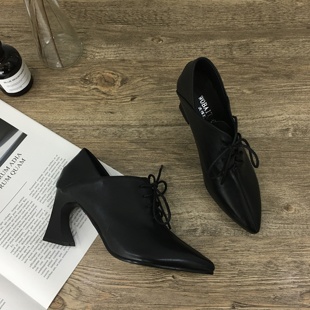 真皮断码 深口系带女单鞋 处理女鞋 粗跟尖头显瘦高跟鞋 时尚 2023新款