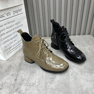 粗中跟侧拉链压花纹加绒女短靴 新款 厂家断码 处理真皮女靴2024冬季