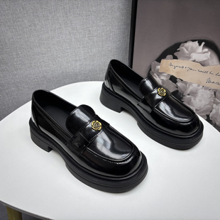 新款 黑色小皮鞋 中跟乐福鞋 清仓断码 单鞋 2025春季 时尚 处理真皮女鞋