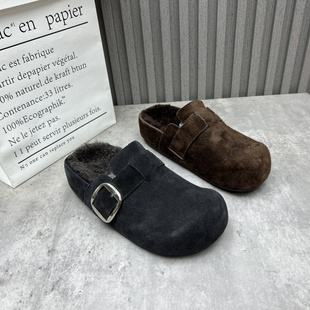 新款 2025秋冬季 金属扣后空跟复古绒里包头女棉拖 处理真皮女鞋 断码