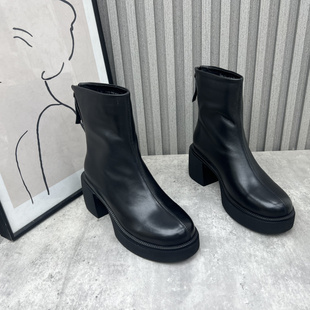 断码 防水台短筒粗跟高跟牛皮加绒马丁靴女 处理真皮女靴2023冬新款