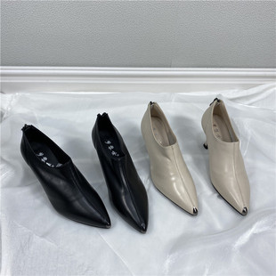 断码 鞋 处理2024春款 金属包头后拉链牛皮时装 女 真皮女鞋 高跟女单鞋