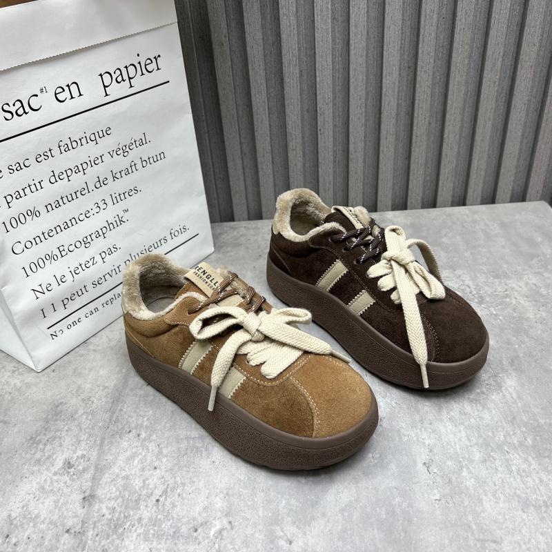 厂家断码处理2025秋冬新款女鞋圆头系带深口低帮加绒德训鞋女棉鞋