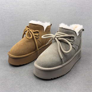 圆头系带厚绒保暖棉靴百搭雪地靴 新款 断码 处理真皮女靴2025冬季