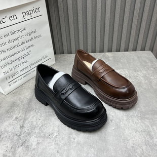 清仓断码 中跟圆头套脚女单鞋 处理真皮女鞋 新款 2025秋季 牛皮乐福鞋