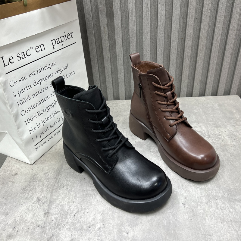 厂家断码处理真皮女靴2025冬季新款侧拉链中跟加绒保暖英伦马丁靴