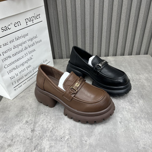 处理真皮女鞋 女单鞋 2025春季 粗跟高跟圆头套脚乐福鞋 新款 清仓断码