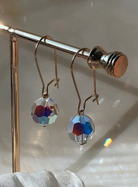 TYUSHA极光 法式耳钩美国14K包金施家极闪水晶32个切面简约耳环女