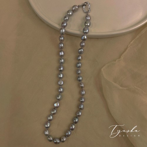 TYUSHA淡水铂金灰巴洛克珍珠项链