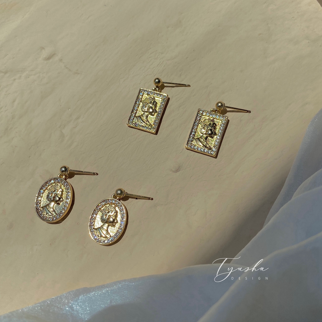 TYUSHA美国14K包金耳钉女王钱币耳环轻奢小众ins冷淡风气质防敏