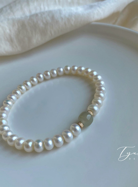 TYUSHA天然强光5A珍珠手链天然珍珠和田玉手串复古高级首饰礼物女