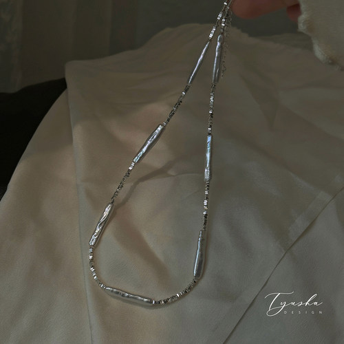 TYUSHA天然淡水巴洛克珍珠银项链