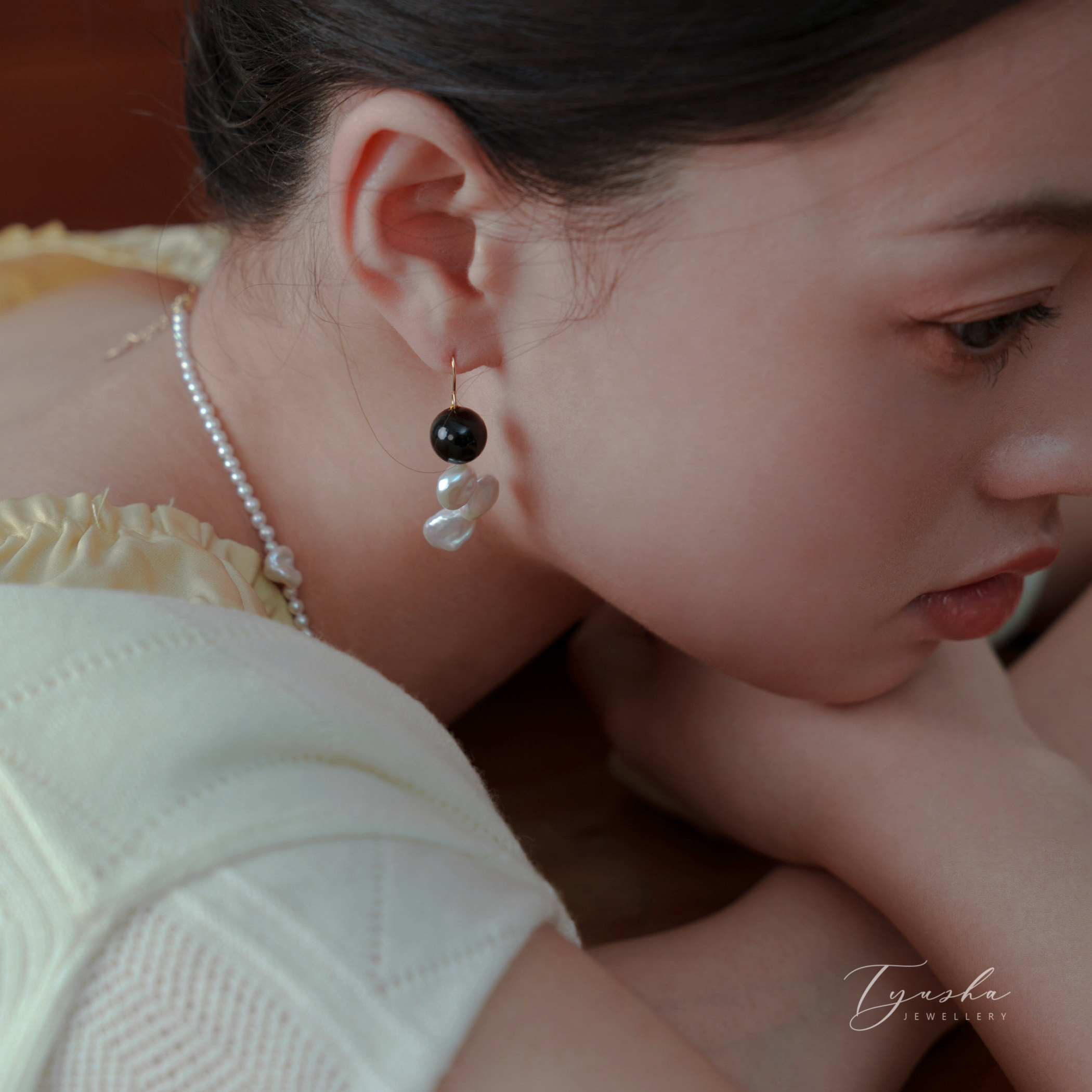 TYUSHA法式复古黑玛瑙巴洛克天然珍珠耳环小众高级感不对称耳坠