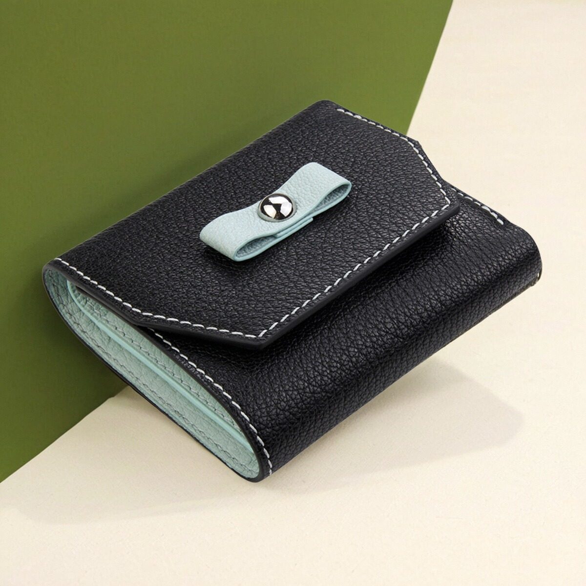 聚变纯手工皮具黑色鹿纹山羊皮三折短钱包女士真皮多功能钱夹定制