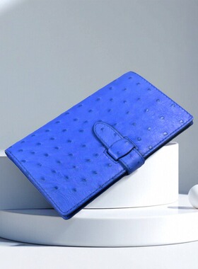 聚变纯手工皮具高端定制蓝色鸵鸟皮真皮复古子母长钱包女士手拿包