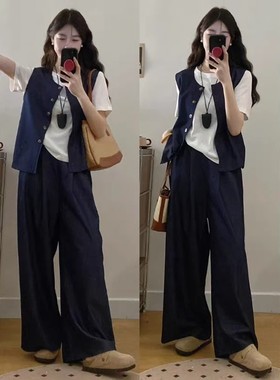 B 门店56&9！梅川套装极简通勤/短袖T恤/马甲/休闲裤三件套C21972