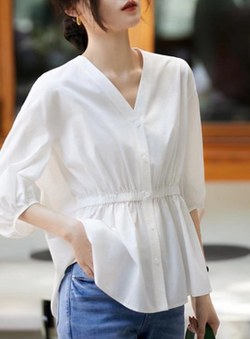特！门店229！气质百搭休闲V领收腰显瘦女式衬衫L70535