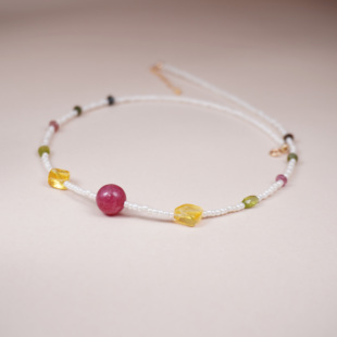 蔷薇辉石宝石项链女串珠碧玺天然多宝原创设计多巴胺锁骨链毛衣链