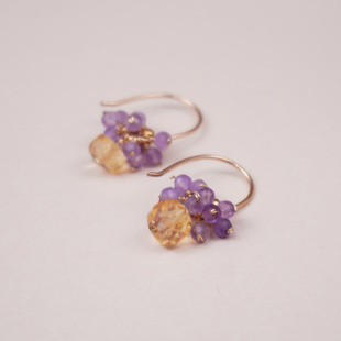天然紫水晶耳饰女款生辰石小众原创手工串珠黄水晶切面耳环短耳链