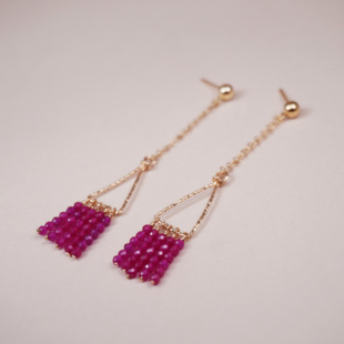 红宝石耳链长适合过年的红色耳环新年款耳坠美国包金耳钉流苏耳饰