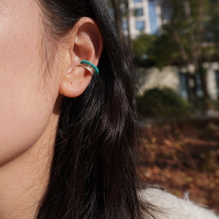 天然绿松石耳夹男女同款S925纯银手工串珠原创蓝绿松石耳饰戴耳骨