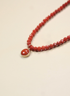 天然石串珠项链女14k注金南红吊坠原创设计复古风南红玛瑙锁骨链