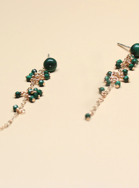 天然孔雀石耳钉女玉石耳坠礼物原创设计小葡萄耳线14k金流苏耳链