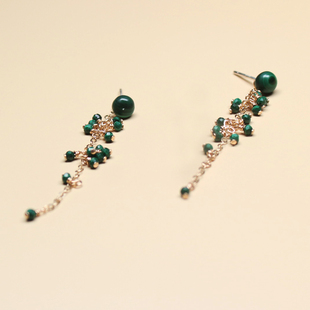 天然孔雀石耳钉女玉石耳坠礼物原创设计小葡萄耳线14k金流苏耳链