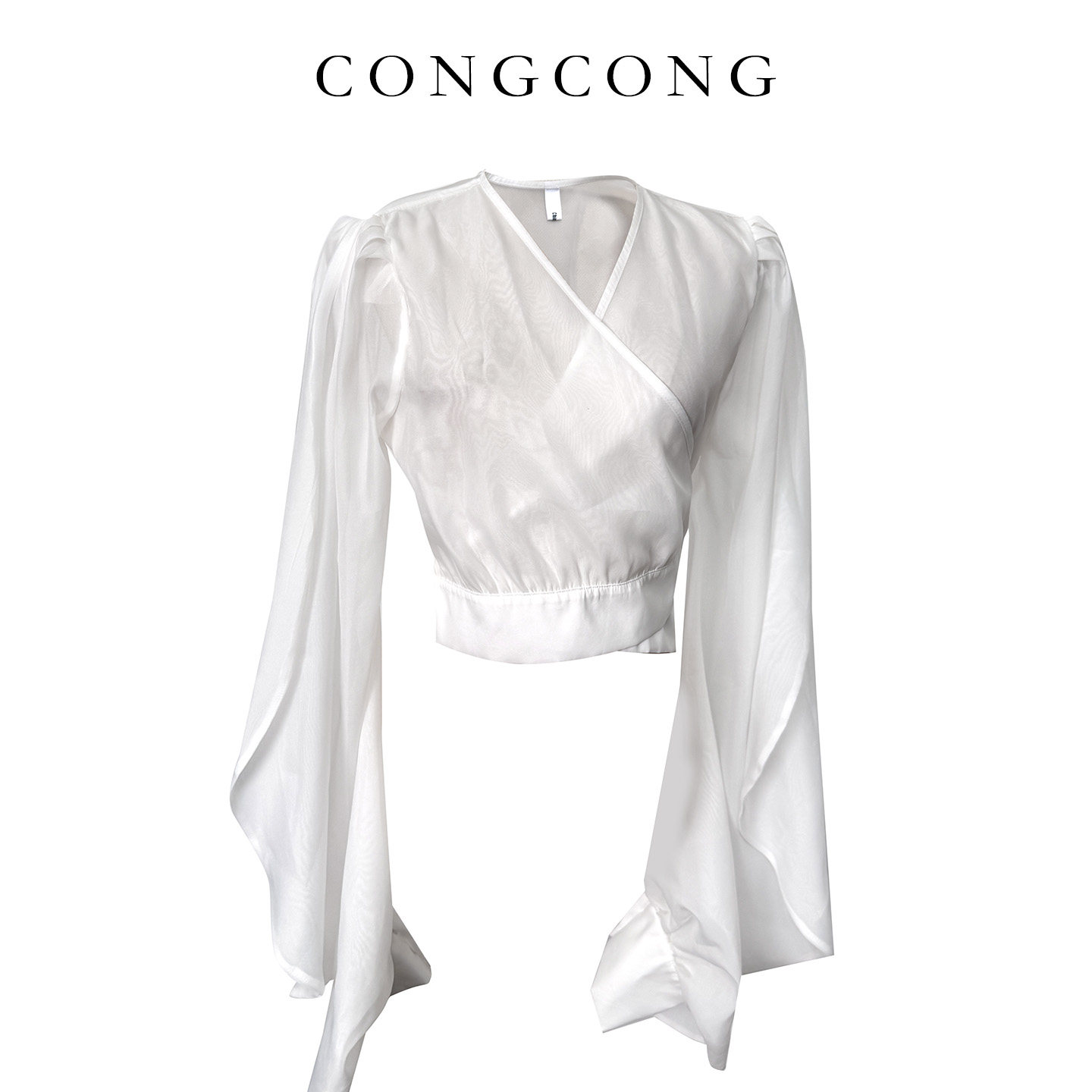 CONGCONG 白色大袖子宽松v领绑带衬衫女夏季收腰加长袖显瘦上衣