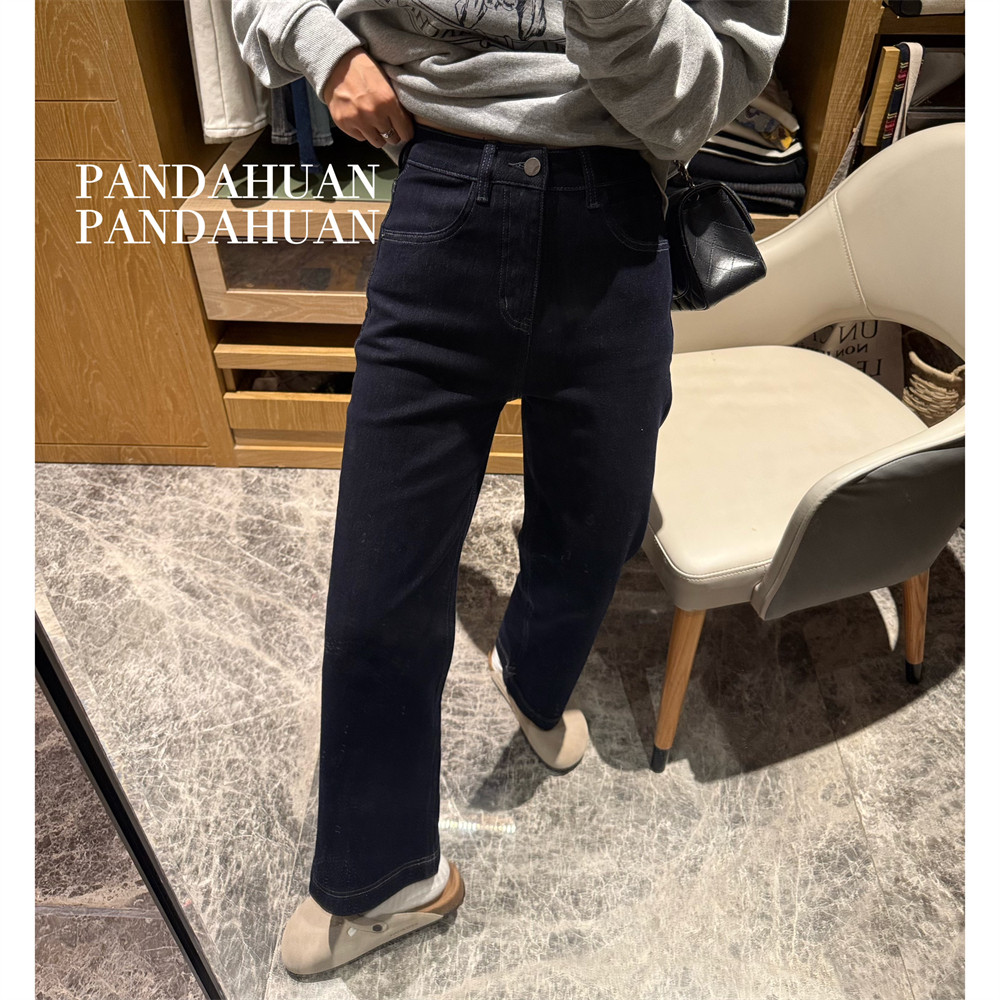 显腿直藏蓝色九分直筒牛仔裤女